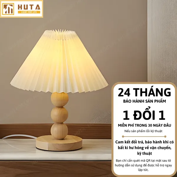 Đèn Ngủ Để Bàn HUTA Light For Life G7 Thân Gỗ Chắc Chắn, Chao Xếp Ly Vintage, 3 Màu Ánh Sáng