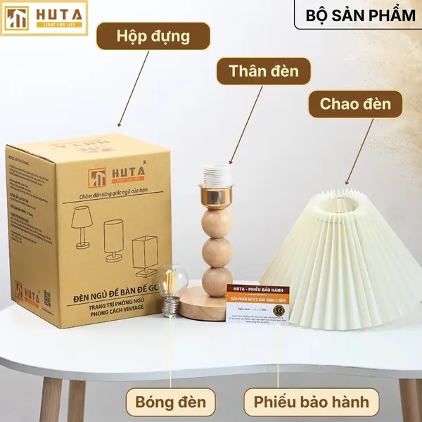 Đèn Ngủ Để Bàn HUTA Light For Life G7 Thân Gỗ Chắc Chắn, Chao Xếp Ly Vintage, 3 Màu Ánh Sáng
