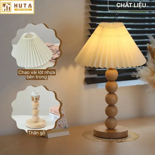 Đèn Ngủ Để Bàn HUTA Light For Life G7 Thân Gỗ Chắc Chắn, Chao Xếp Ly Vintage, 3 Màu Ánh Sáng