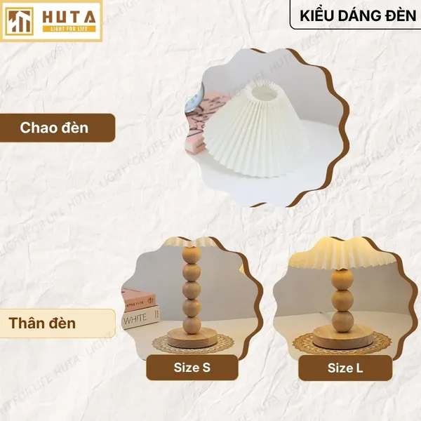 Đèn Ngủ Để Bàn HUTA Light For Life G7 Thân Gỗ Chắc Chắn, Chao Xếp Ly Vintage, 3 Màu Ánh Sáng