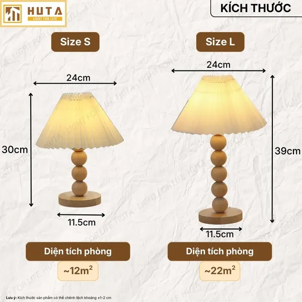 Đèn Ngủ Để Bàn HUTA Light For Life G7 Thân Gỗ Chắc Chắn, Chao Xếp Ly Vintage, 3 Màu Ánh Sáng
