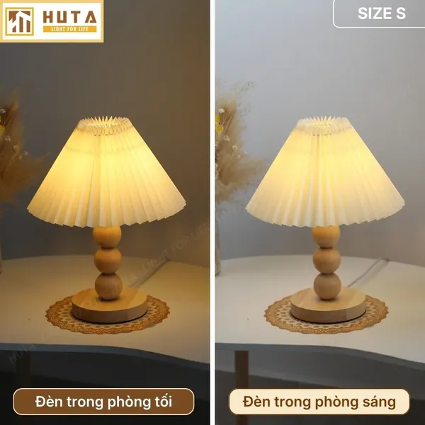 Đèn Ngủ Để Bàn HUTA Light For Life G7 Thân Gỗ Chắc Chắn, Chao Xếp Ly Vintage, 3 Màu Ánh Sáng
