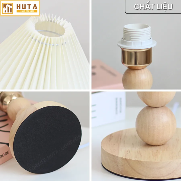Đèn Ngủ Để Bàn HUTA Light For Life G7 Thân Gỗ Chắc Chắn, Chao Xếp Ly Vintage, 3 Màu Ánh Sáng
