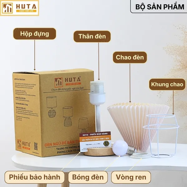 Đèn Ngủ Để Bàn HUTA Light For Life G8 Chao Vải Xếp Ly, Điều Chỉnh Độ Sáng, Kèm Gác Điện Thoại 