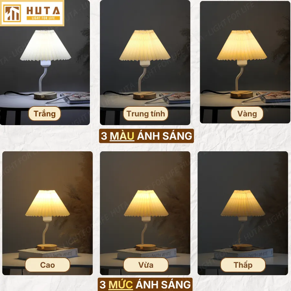 Đèn Ngủ Để Bàn HUTA Light For Life G8 Chao Vải Xếp Ly, Điều Chỉnh Độ Sáng, Kèm Gác Điện Thoại 