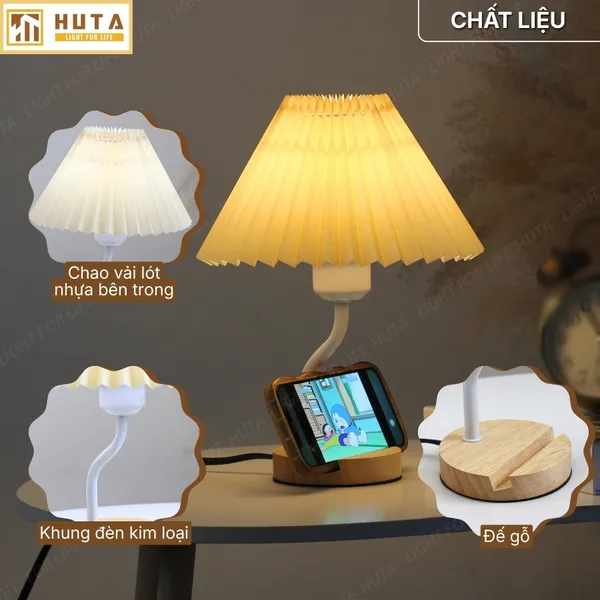 Đèn Ngủ Để Bàn HUTA Light For Life G8 Chao Vải Xếp Ly, Điều Chỉnh Độ Sáng, Kèm Gác Điện Thoại 
