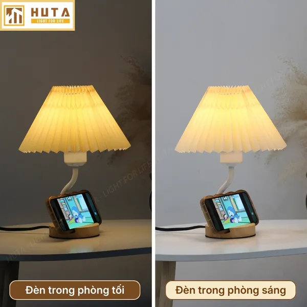 Đèn Ngủ Để Bàn HUTA Light For Life G8 Chao Vải Xếp Ly, Điều Chỉnh Độ Sáng, Kèm Gác Điện Thoại 