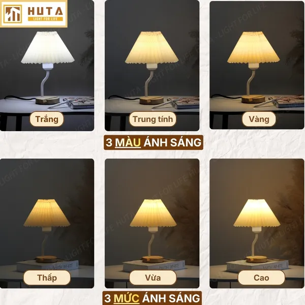 Đèn Ngủ Để Bàn HUTA Light For Life G8 Chao Vải Xếp Ly, Điều Chỉnh Độ Sáng, Kèm Gác Điện Thoại 