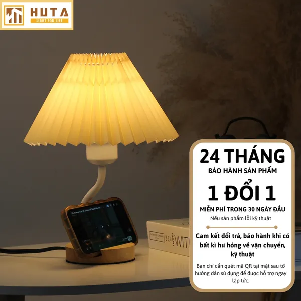 Đèn Ngủ Để Bàn HUTA Light For Life G8 Chao Vải Xếp Ly, Điều Chỉnh Độ Sáng, Kèm Gác Điện Thoại 