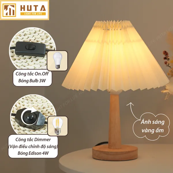 Đèn Ngủ Để Bàn Gỗ HUTA G5 Điều Chỉnh Độ Sáng, Bóng Led Sáng Vàng, Bảo Hành 24 Tháng