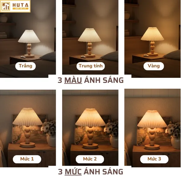 Đèn Ngủ Để Bàn HUTA Light For Life G7 Thân Gỗ Chắc Chắn, Chao Xếp Ly Vintage, 3 Màu Ánh Sáng