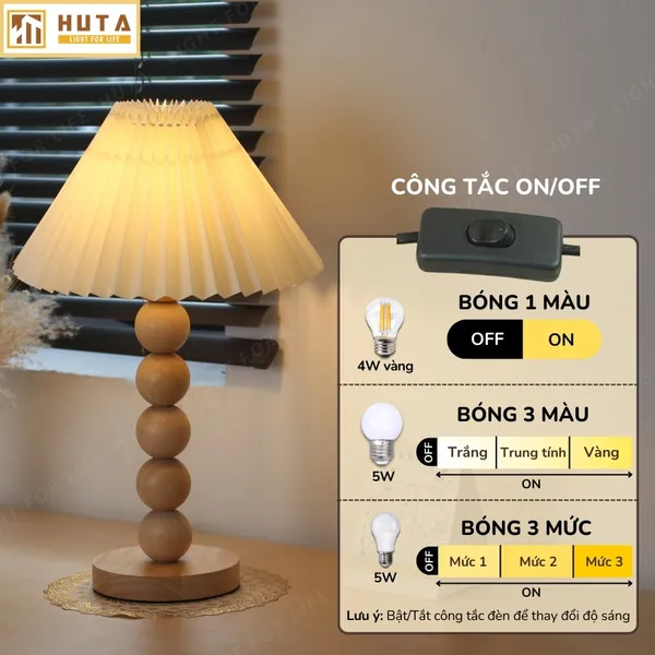 Đèn Ngủ Để Bàn HUTA Light For Life G7 Thân Gỗ Chắc Chắn, Chao Xếp Ly Vintage, 3 Màu Ánh Sáng