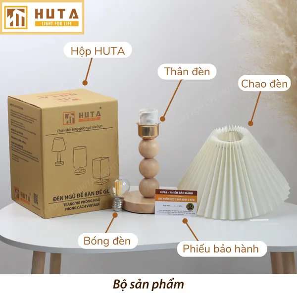 Đèn Ngủ Để Bàn HUTA Light For Life G7 Thân Gỗ Chắc Chắn, Chao Xếp Ly Vintage, 3 Màu Ánh Sáng