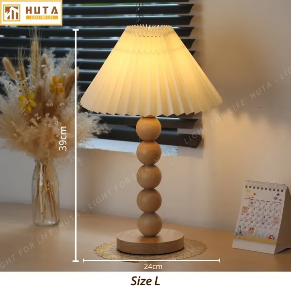 Đèn Ngủ Để Bàn HUTA Light For Life G7 Thân Gỗ Chắc Chắn, Chao Xếp Ly Vintage, 3 Màu Ánh Sáng
