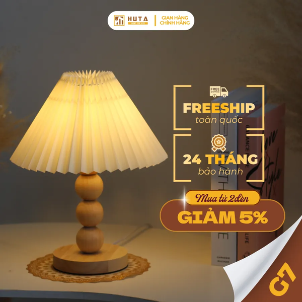Đèn Ngủ Để Bàn HUTA Light For Life G7 Thân Gỗ Chắc Chắn, Chao Xếp Ly Vintage, 3 Màu Ánh Sáng