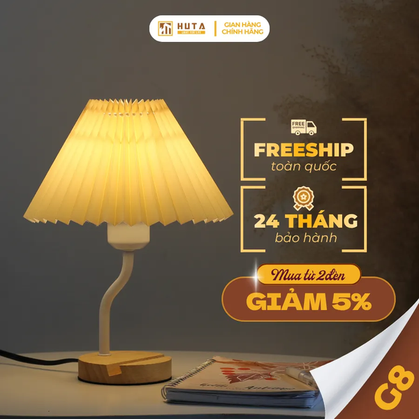 Đèn Ngủ Để Bàn HUTA Light For Life G8 Chao Vải Xếp Ly, Điều Chỉnh Độ Sáng, Kèm Gác Điện Thoại 