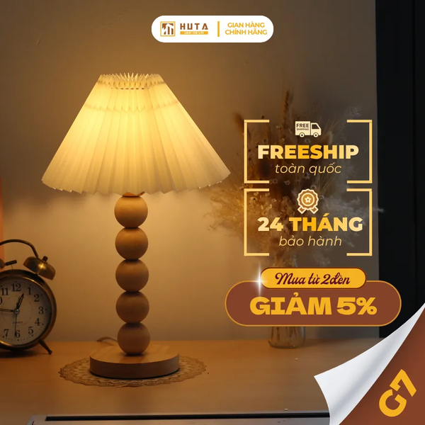 Đèn Ngủ Để Bàn HUTA Light For Life G7 Thân Gỗ Chắc Chắn, Chao Xếp Ly Vintage, 3 Màu Ánh Sáng