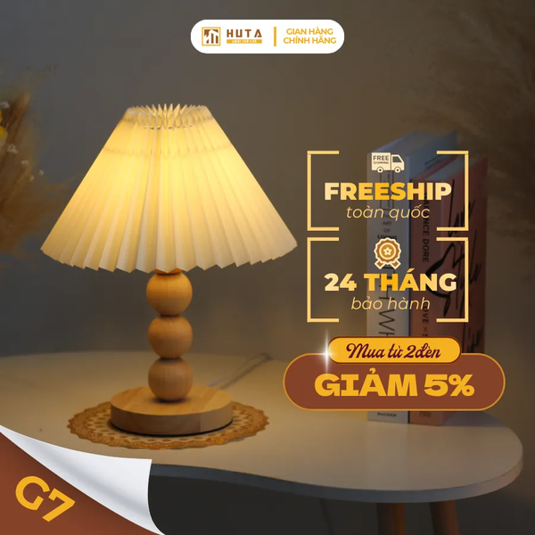 Đèn Ngủ Để Bàn HUTA Light For Life G7 Thân Gỗ Chắc Chắn, Chao Xếp Ly Vintage, 3 Màu Ánh Sáng