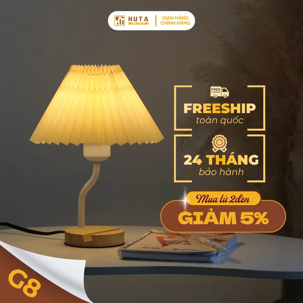 Đèn Ngủ Để Bàn HUTA Light For Life G8 Chao Vải Xếp Ly, Điều Chỉnh Độ Sáng, Kèm Gác Điện Thoại 