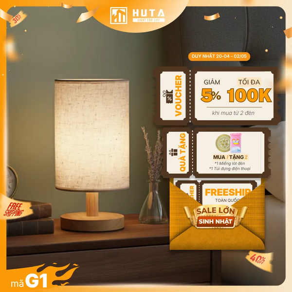 Đèn Ngủ Để Bàn HUTA Light For Life G1 Điều Chỉnh Độ Sáng, Ánh Sáng Vàng Ấm, Đầu Cắm 2 Chấu 220V