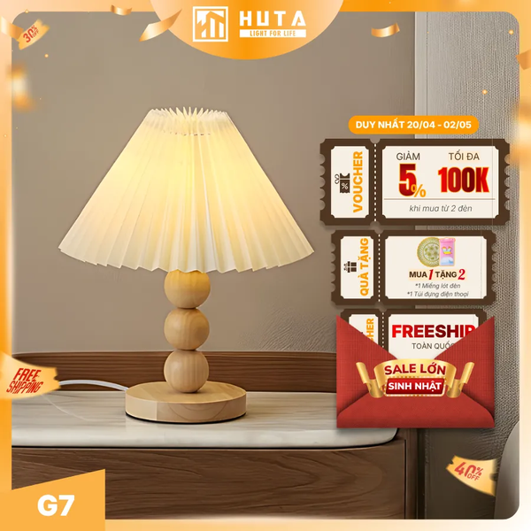Đèn Ngủ Để Bàn HUTA Light For Life G7 Thân Gỗ Chắc Chắn, Chao Xếp Ly Vintage, 3 Màu Ánh Sáng