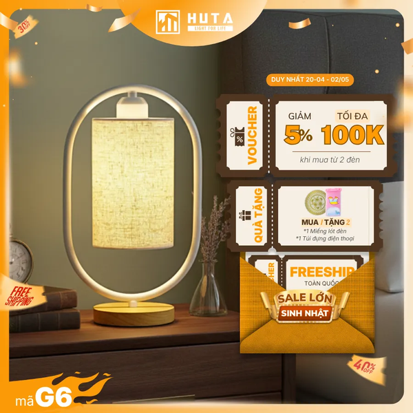 Đèn Ngủ Để Bàn Gỗ HUTA Light For Life G6 Điều Chỉnh Độ Sáng, Ánh Sáng Vàng, Bảo Hành 24 Tháng