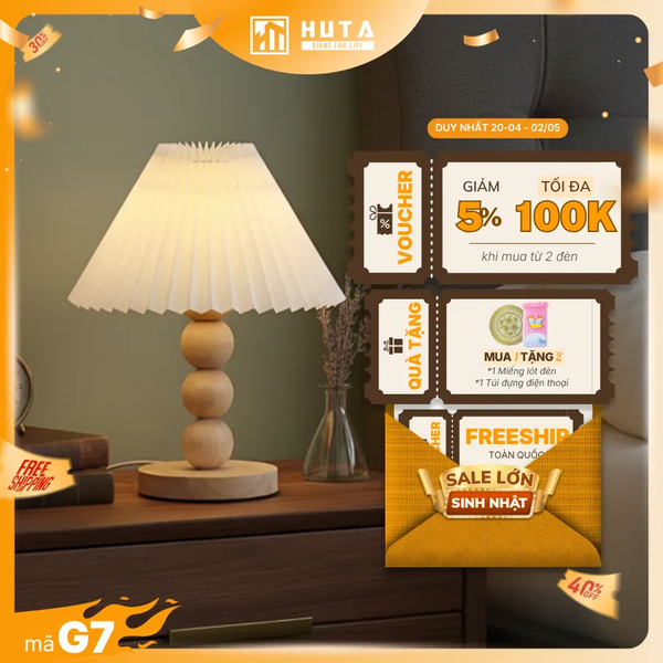 Đèn Ngủ Để Bàn HUTA Light For Life G7 Thân Gỗ Chắc Chắn, Chao Xếp Ly Vintage, 3 Màu Ánh Sáng