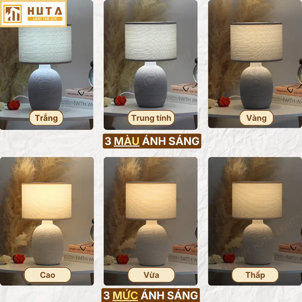 Đèn Ngủ Để Bàn Gốm Sứ HUTA Light For Life S9, Điều Chỉnh Độ Sáng, Decor Phòng Ngủ