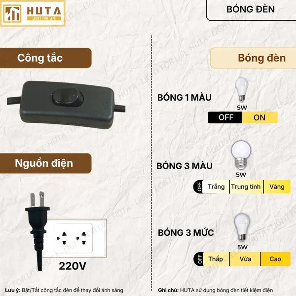 Đèn Ngủ Để Bàn HUTA Light For Life CD1 Điều Chỉnh Độ Sáng, Bóng Led Sáng Vàng Tiết Kiệm Điện Năng