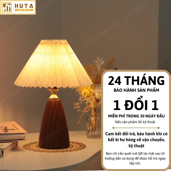 Đèn Ngủ Để Bàn HUTA Light For Life Mã T10 Thân Kim Loại Vân Gỗ Vintage, Điều Chỉnh Ánh Sáng Vàng Ấm