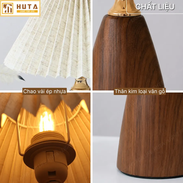 Đèn Ngủ Để Bàn HUTA Light For Life Mã T10 Thân Kim Loại Vân Gỗ Vintage, Điều Chỉnh Ánh Sáng Vàng Ấm