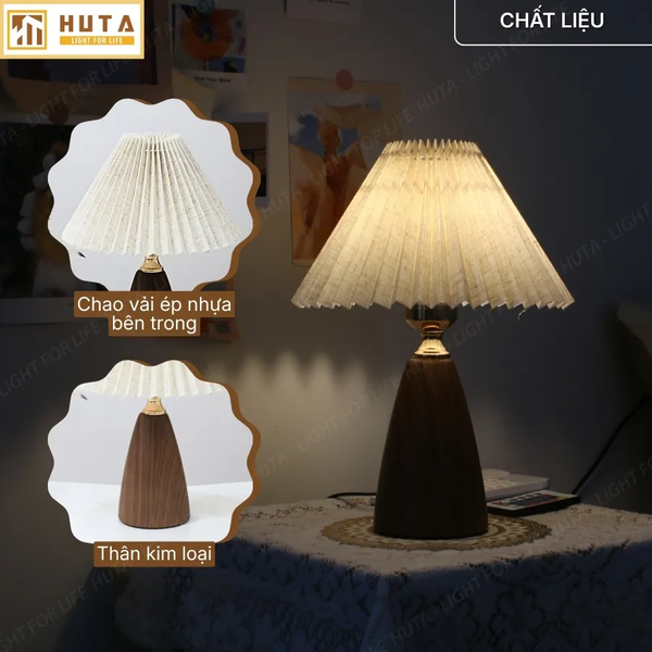 Đèn Ngủ Để Bàn HUTA Light For Life Mã T10 Thân Kim Loại Vân Gỗ Vintage, Điều Chỉnh Ánh Sáng Vàng Ấm