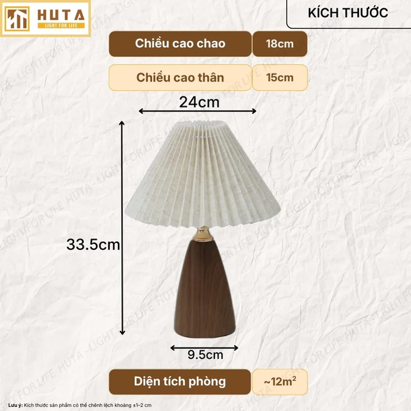 Đèn Ngủ Để Bàn HUTA Light For Life Mã T10 Thân Kim Loại Vân Gỗ Vintage, Điều Chỉnh Ánh Sáng Vàng Ấm