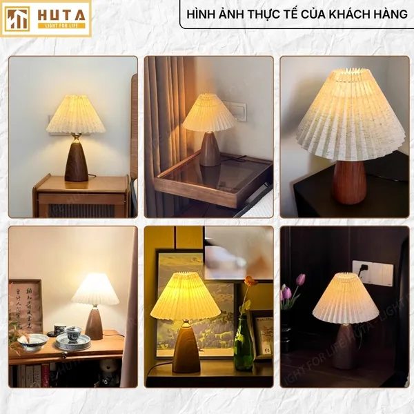 Đèn Ngủ Để Bàn HUTA Light For Life Mã T10 Thân Kim Loại Vân Gỗ Vintage, Điều Chỉnh Ánh Sáng Vàng Ấm