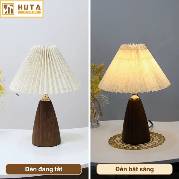 Đèn Ngủ Để Bàn HUTA Light For Life Mã T10 Thân Kim Loại Vân Gỗ Vintage, Điều Chỉnh Ánh Sáng Vàng Ấm