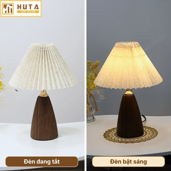 Đèn Ngủ Để Bàn HUTA Light For Life Mã T10 Thân Kim Loại Vân Gỗ Vintage, Điều Chỉnh Ánh Sáng Vàng Ấm