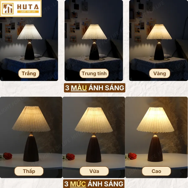 Đèn Ngủ Để Bàn HUTA Light For Life Mã T10 Thân Kim Loại Vân Gỗ Vintage, Điều Chỉnh Ánh Sáng Vàng Ấm