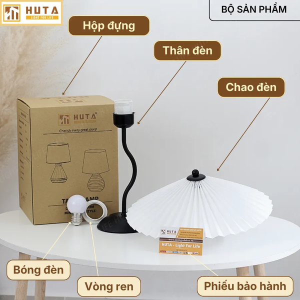 Đèn Ngủ Để Bàn HUTA Light For Life T11 Thân Kim Loại, Chao Xếp Ly Vintage, Đầu Cắm Điện 2 Chấu 220V