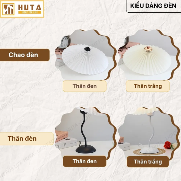 Đèn Ngủ Để Bàn HUTA Light For Life T11 Thân Kim Loại, Chao Xếp Ly Vintage, Đầu Cắm Điện 2 Chấu 220V