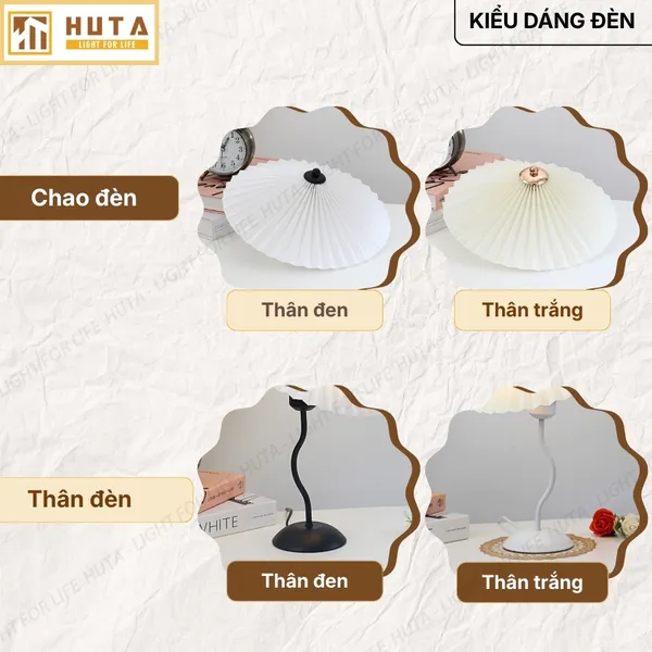 Đèn Ngủ Để Bàn HUTA Light For Life T11 Thân Kim Loại, Chao Xếp Ly Vintage, Đầu Cắm Điện 2 Chấu 220V