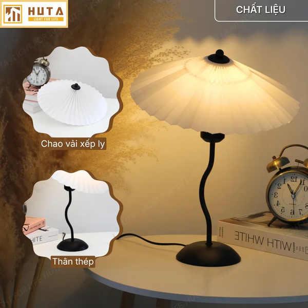 Đèn Ngủ Để Bàn HUTA Light For Life T11 Thân Kim Loại, Chao Xếp Ly Vintage, Đầu Cắm Điện 2 Chấu 220V