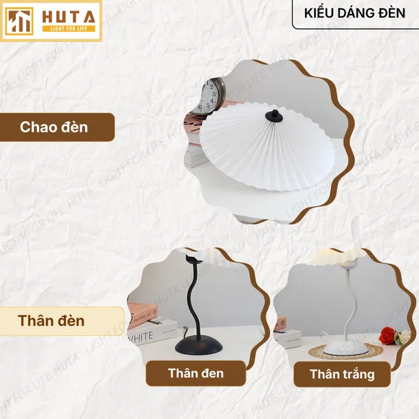 Đèn Ngủ Để Bàn HUTA Light For Life T11 Thân Kim Loại, Chao Xếp Ly Vintage, Đầu Cắm Điện 2 Chấu 220V