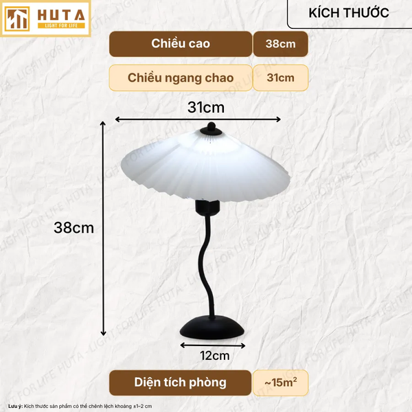 Đèn Ngủ Để Bàn HUTA Light For Life T11 Thân Kim Loại, Chao Xếp Ly Vintage, Đầu Cắm Điện 2 Chấu 220V