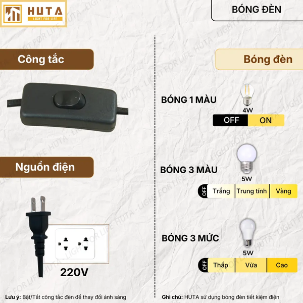 Đèn Ngủ Để Bàn HUTA Light For Life T11 Thân Kim Loại, Chao Xếp Ly Vintage, Đầu Cắm Điện 2 Chấu 220V