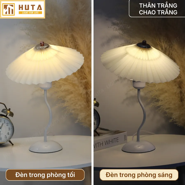Đèn Ngủ Để Bàn HUTA Light For Life T11 Thân Kim Loại, Chao Xếp Ly Vintage, Đầu Cắm Điện 2 Chấu 220V