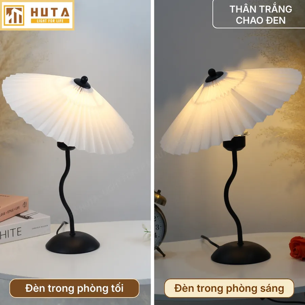 Đèn Ngủ Để Bàn HUTA Light For Life T11 Thân Kim Loại, Chao Xếp Ly Vintage, Đầu Cắm Điện 2 Chấu 220V