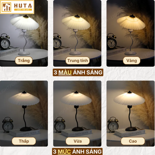 Đèn Ngủ Để Bàn HUTA Light For Life T11 Thân Kim Loại, Chao Xếp Ly Vintage, Đầu Cắm Điện 2 Chấu 220V