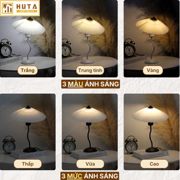 Đèn Ngủ Để Bàn HUTA Light For Life T11 Thân Kim Loại, Chao Xếp Ly Vintage, Đầu Cắm Điện 2 Chấu 220V