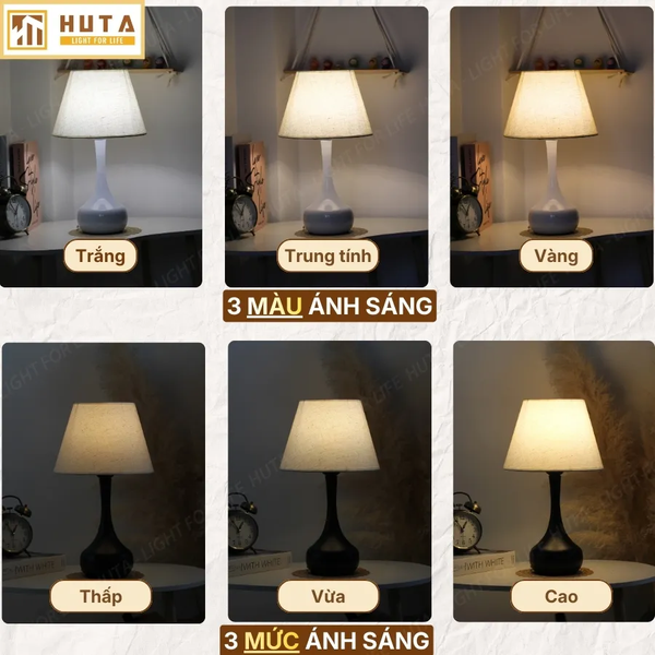 Đèn Ngủ Để Bàn Thép HUTA T3 Ánh Sáng Vàng, Điều Chỉnh Độ Sáng, Bảo Hành 24 Tháng  