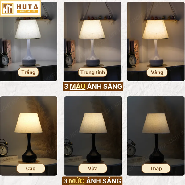 Đèn Ngủ Để Bàn Thép HUTA T3 Ánh Sáng Vàng, Điều Chỉnh Độ Sáng, Bảo Hành 24 Tháng  